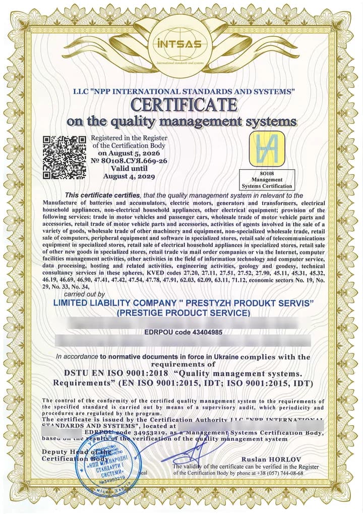 Akredytowany certyfikat systemu zarządzania jakością ISO 9001